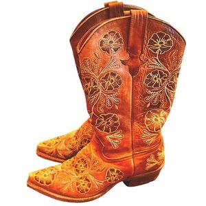 Macie Bean Brown Leather Embroidered Point Toe Western Women's Boots sz 9 M